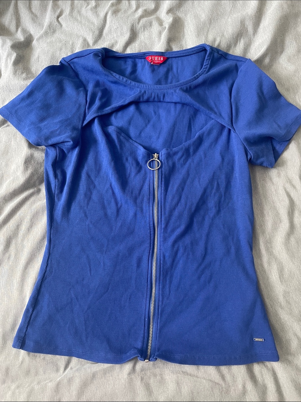 GUESS Blue Zip-Front Short Sleeve Tee
